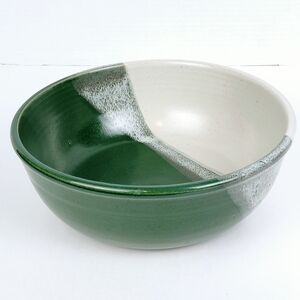 Vtg Stoneware Bowl 9"~Hand Turned Studio Art Pottery~Green Turqoise Cream Signed